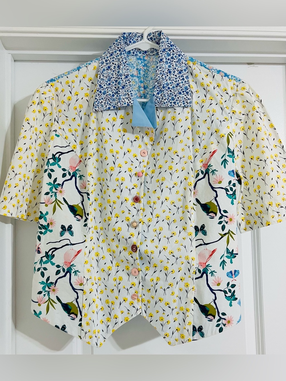 Floral Patchwork Button-Front Top - White, Blue and yellow